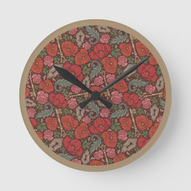 Relógio Redondo Victorian Steampunk Old Lock Key Red Poppies (Frente)