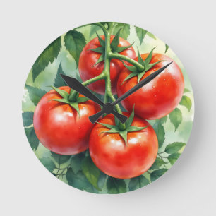 Relógio Redondo Videira de Tomate Madura Aquarela Fresca