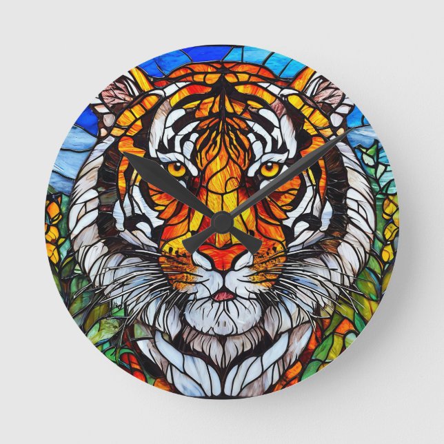 Relógio Redondo Vidro colorido de tigre (Frente)