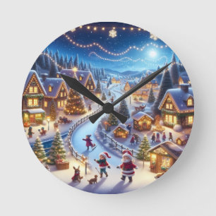 Relógio Redondo Vila de Natal de Inverno Festivo Noturno