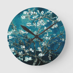 Relógio Redondo Vincent Van Gogh Flores de Amendoeira Azul Teal Es