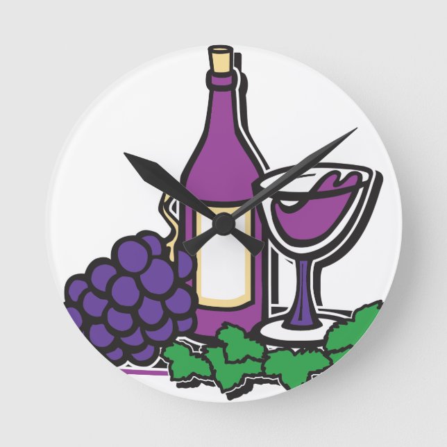 Relógio Redondo Vinho Vermelho e Uvas Púrpuras (Frente)