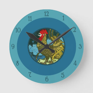 Relógio Redondo Vintage Art Nouveau Rooster Crowing in Night Blue