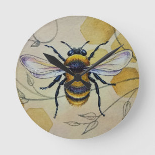 Relógio Redondo Vintage Bee No. 1 e Honeycomb Watercolor Art 