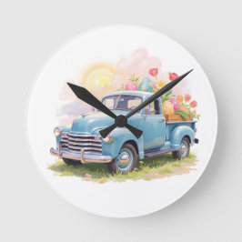 Relógio Redondo Vintage Blue Truck with Easter Eggs & Tulips