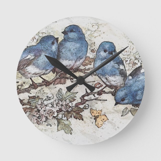 Relógio Redondo Vintage bluebird ilustra aves bonitinhas natureza (Frente)