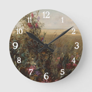 Relógio Redondo Vintage Colorful Meadow com Design de flores silve
