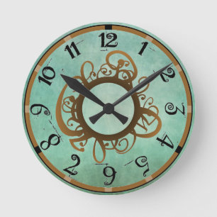 Relógio Redondo Vintage Dourado Teal Whimsy Wall Clock