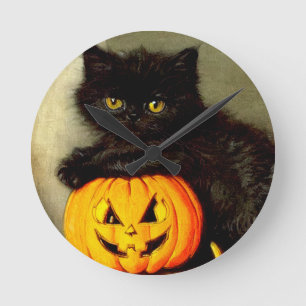 Relógio Redondo Vintage Halloween Cat e Jack-o'-lantern