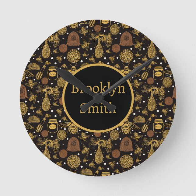 Relógio Redondo Vintage Honeycomb Bee Black Nursery (Frente)
