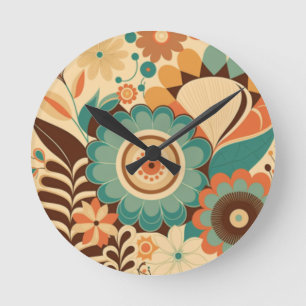 Relógio Redondo Vintage retro design floral castanho-verde