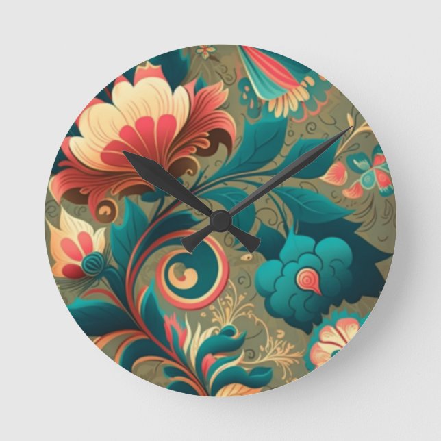 Relógio Redondo Vintage retro design floral verde (Frente)