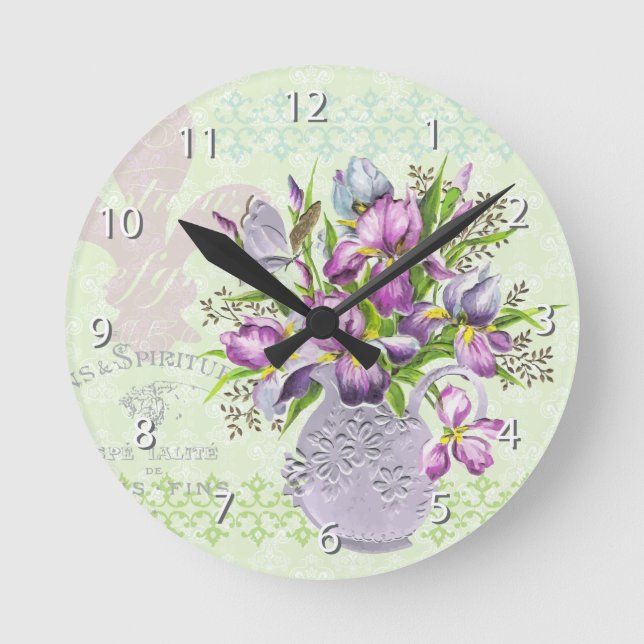 Relógio Redondo Vintage Shabby Purple Flowers Whimsical Green (Frente)