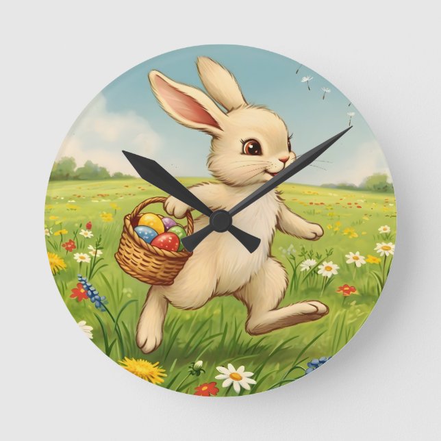 Relógio Redondo Vintage Spring Meadow Easter Bunny  (Frente)
