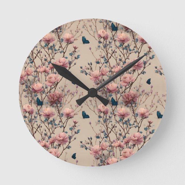 Relógio Redondo Vintage Spring Roses with Blue Butterflies (Frente)