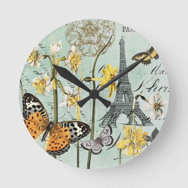 Relógio Redondo Vintage Springtime na parede de Paris (Frente)