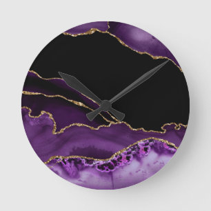 Relógio Redondo Violet Black Marble Agate Dark Glamor Golden