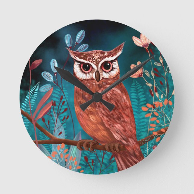 Relógio Redondo Vom Künstler handillustrierte Eule – Boho Natur (Frente)