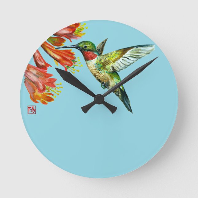 Relógio Redondo Watercolor Hummingbird (Frente)