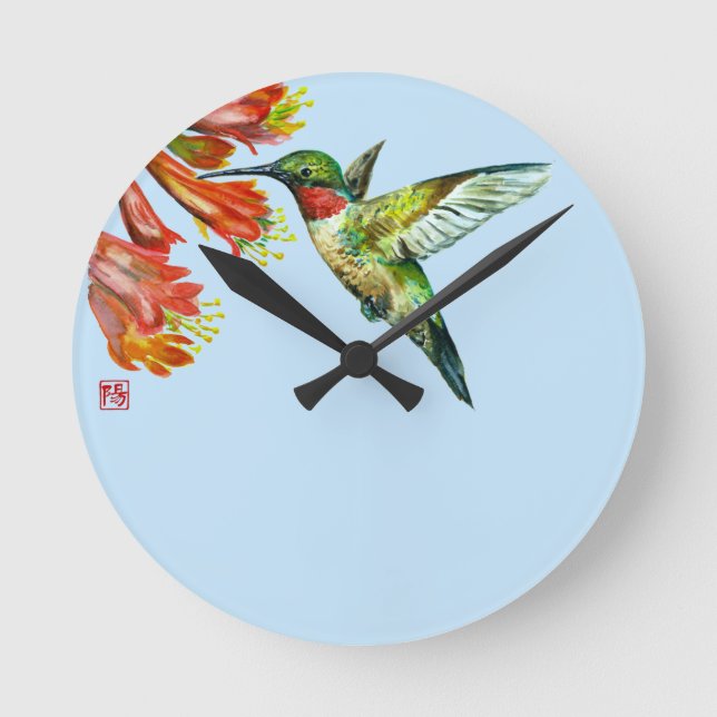 Relógio Redondo Watercolor Hummingbird (Frente)