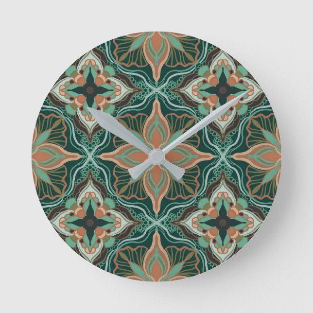 Relógio Redondo Watercolor Moroccan Teal Floral Tile  (Frente)