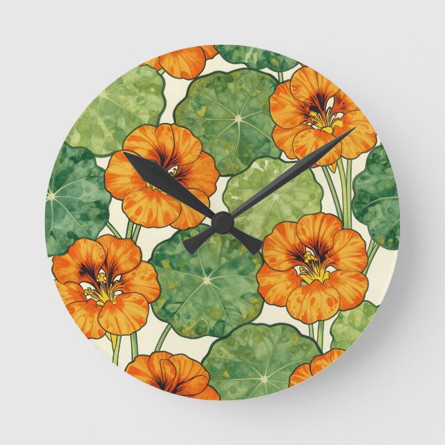 Relógio Redondo Watercolor Nasturtium Floral Pattern (Frente)