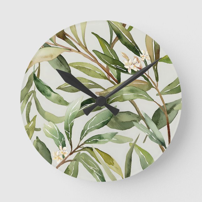 Relógio Redondo Watercolor Olive Branches Botanical (Frente)