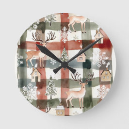 Relógio Redondo Watercolor Red & Green Reindeer Snowflakes Trees