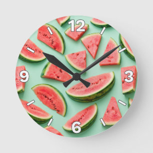 Relógio Redondo Watermelon Slices Mint Background Kitchen Decor