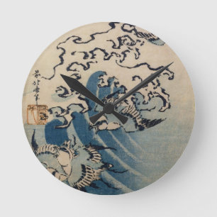 Relógio Redondo Waves and Birds, c.1825 (colour woodblock print)