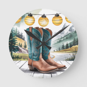 Relógio Redondo Western Home Decor Russo Traça Boots Cowboy