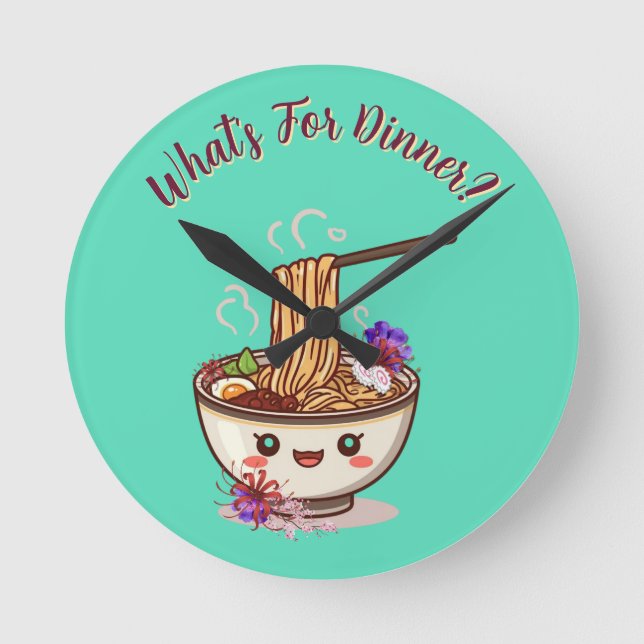 Relógio Redondo "What's For Dinner?" Mint Green Anime Ramen Bowl  (Frente)