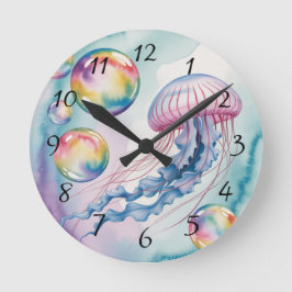 Relógio Redondo Whimsical Rainbow Jellyfish Watercolor Design