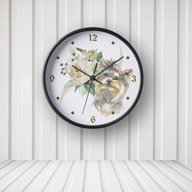 Relógio Redondo White Rose Buquê Yorkshire Terrier Dog (Criador carregado)