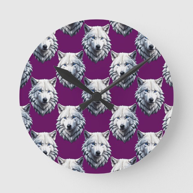 Relógio Redondo White Wolf Head Pattern Design Purple  (Frente)