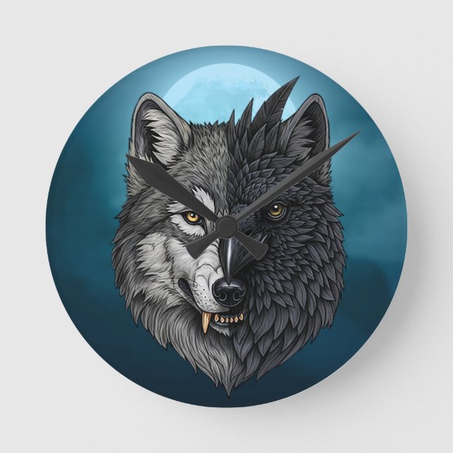 Relógio Redondo Wild Nature Moon Crow-Wolf Raven (Frente)