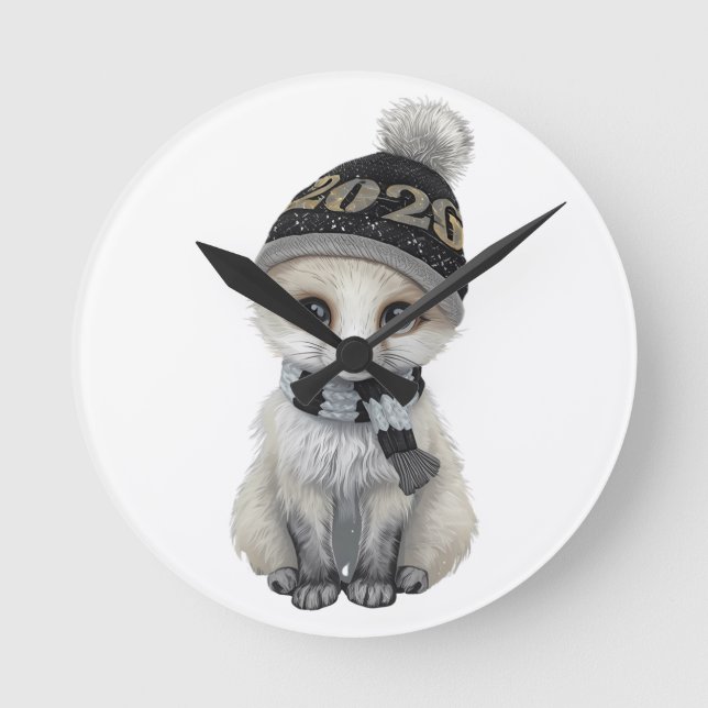 Relógio Redondo Winter Cutie 2026 Wall Clock – Cute Winter Animal  (Frente)