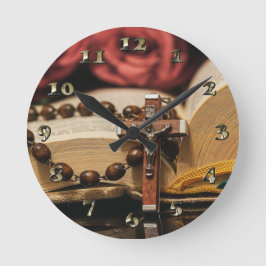 Relógio Redondo Wooden Rosary com Jesus na Cruz