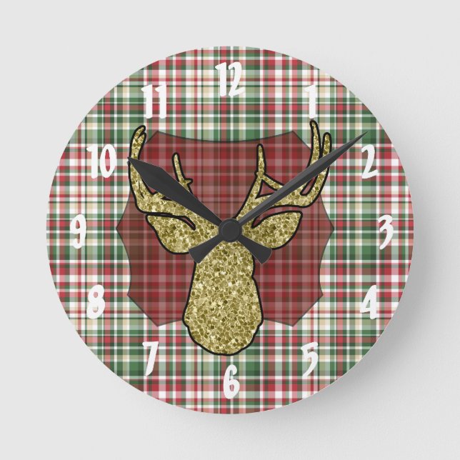 Relógio Redondo Xadrez de Natal XMAS Tartan Dourado Wall Clock (Frente)