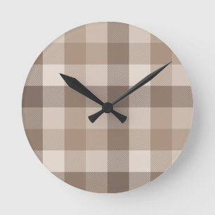 Relógio Redondo Xadrez Gingham de Plaid em Tom de Terra Neutro