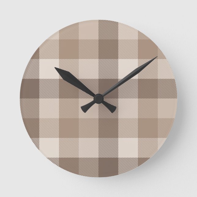 Relógio Redondo Xadrez Gingham de Plaid em Tom de Terra Neutro  (Frente)