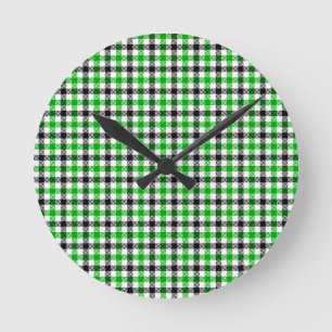 Relógio Redondo Xadrez Gingham Verde Preto e Branco