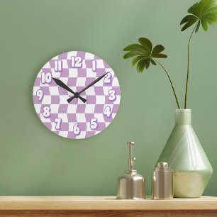 Relógio Redondo Xadrez Ondulado Branco Roxo Pastel Retro