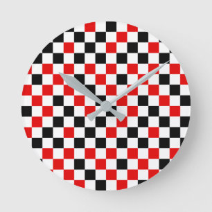 Relógio Redondo Xadrez Vermelho Preto e Branco 