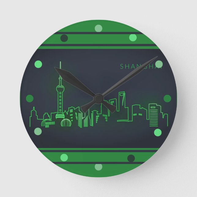 Relógio Redondo Xhai Skyline Green Neon Look Cityscape Wall (Frente)