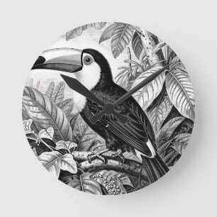 Relógio Redondo Xilogravura de Folhagem da Selva de Tucanos