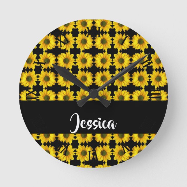 Relógio Redondo Yellow sunflowers on black (Frente)