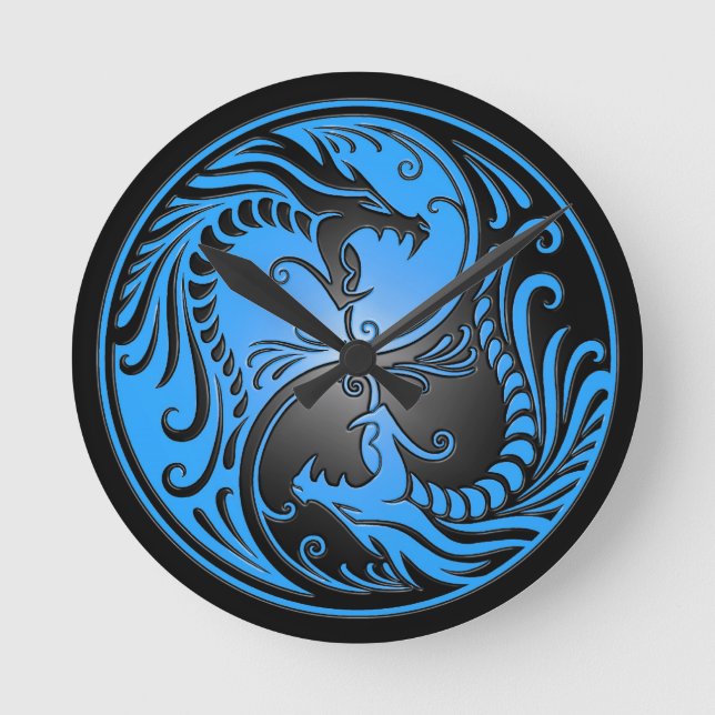 Relógio Redondo Yin Yang Dragon, azul e preto (Frente)