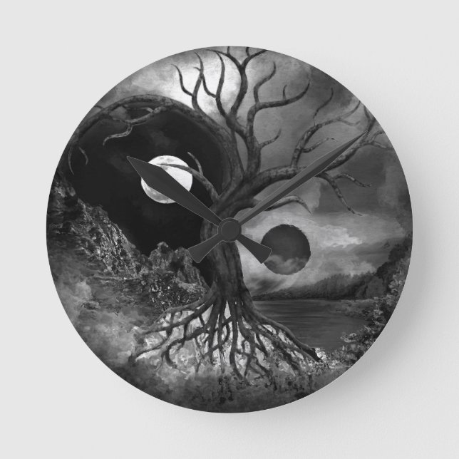 Relógio Redondo Yin Yang Tree Landscape Black and White (Frente)