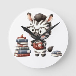 Relógio Redondo Zebra Lendo Livros.
